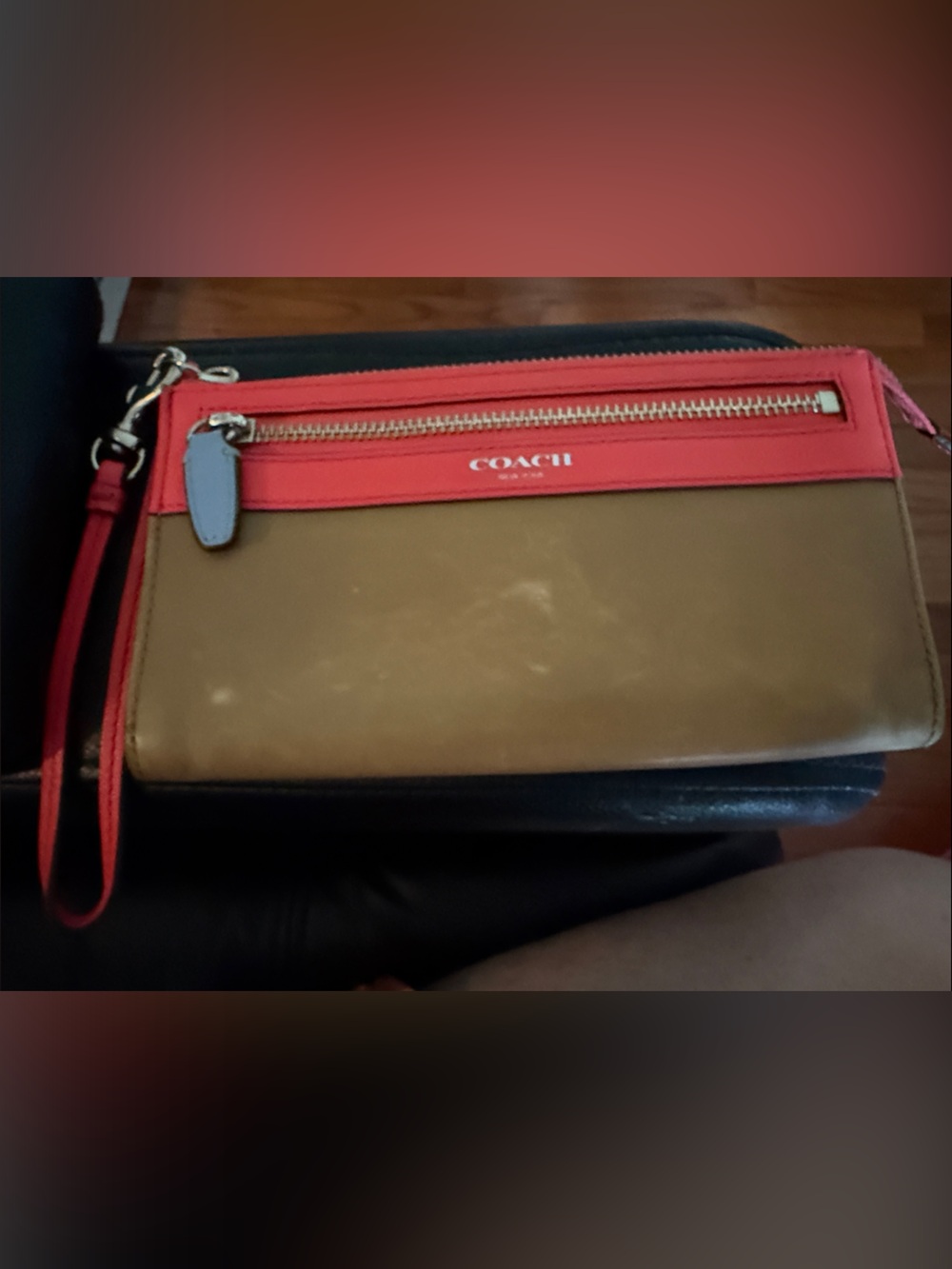 Coach Two-Tone Leather Wristlet in Tan and Coral with Blue Tab